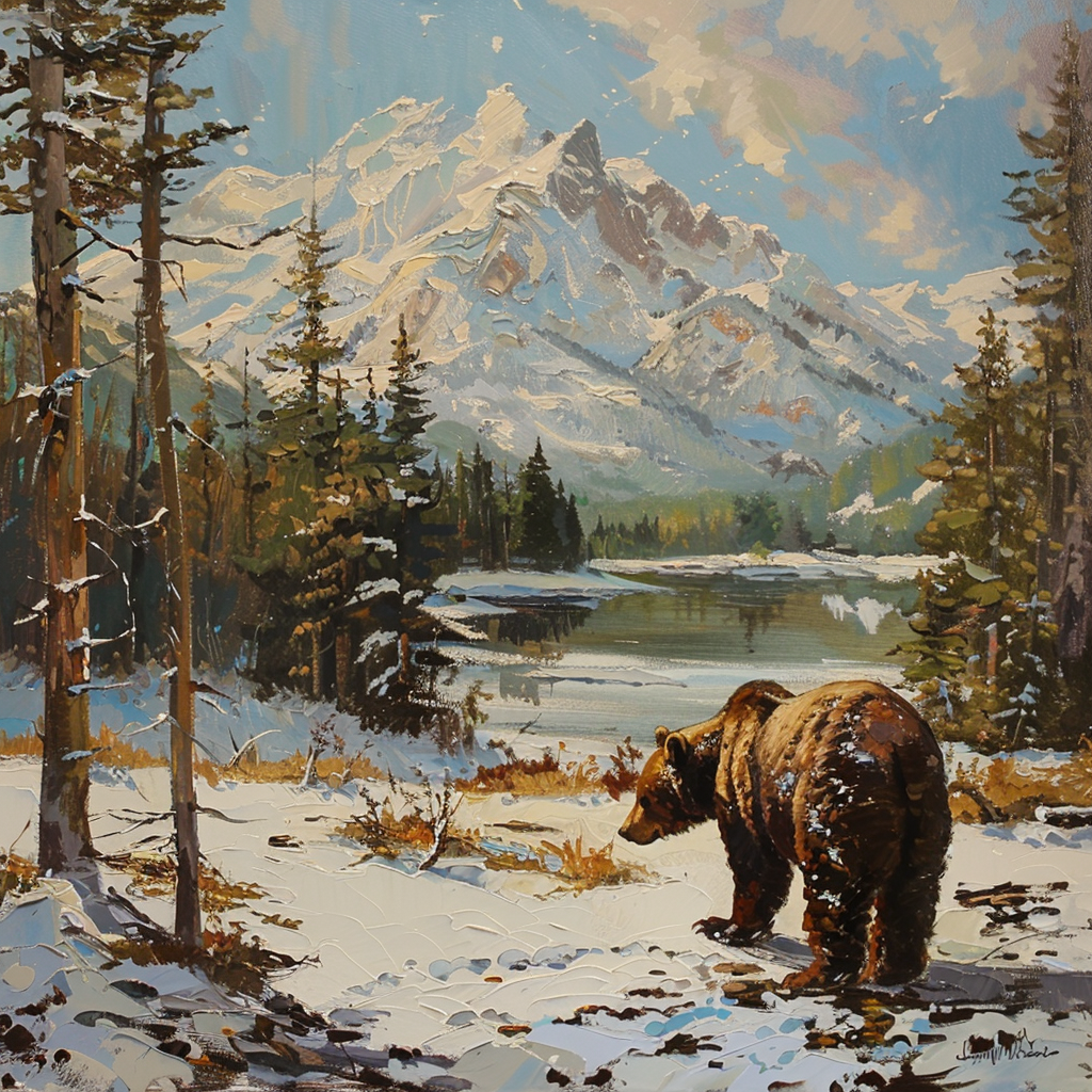 mountain_snow_bear_pine_trees_oil_painting